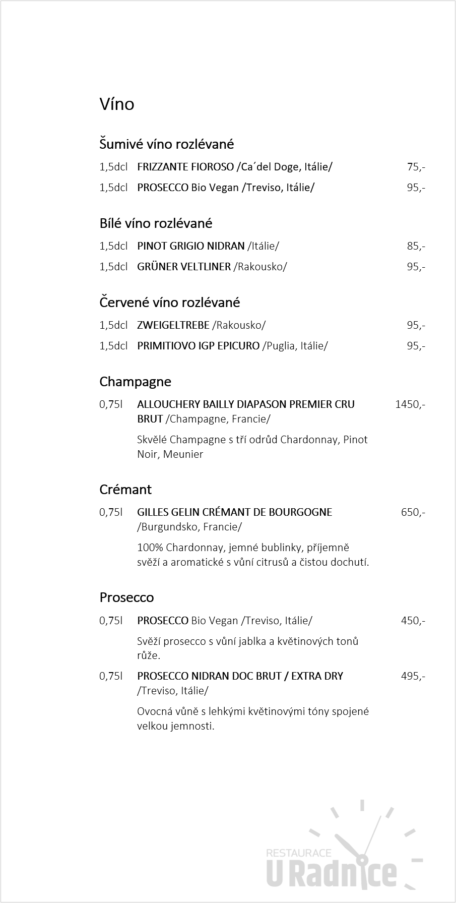 Restaurace U Radnice Nápojový lístek