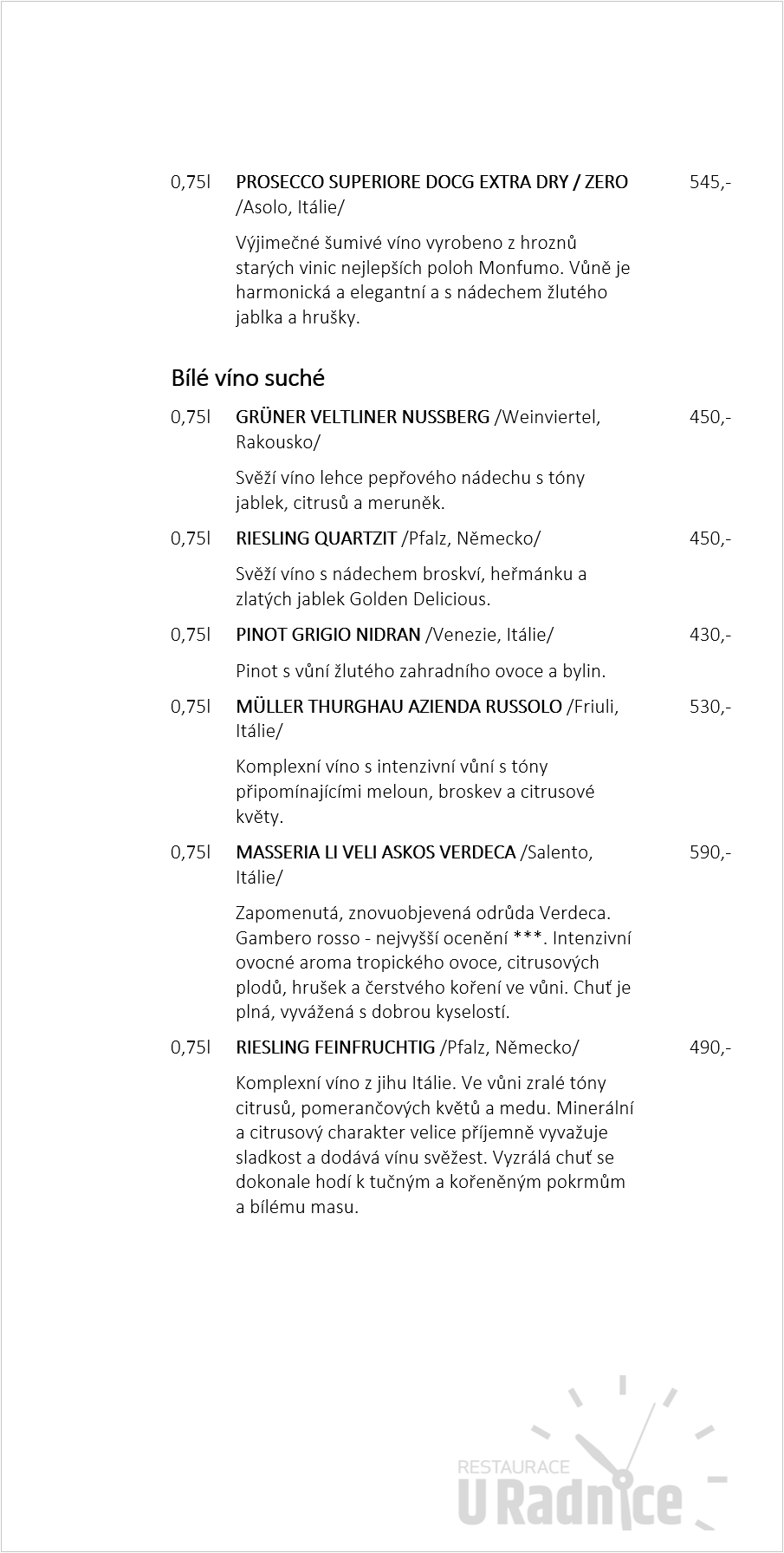 Restaurace U Radnice Nápojový lístek