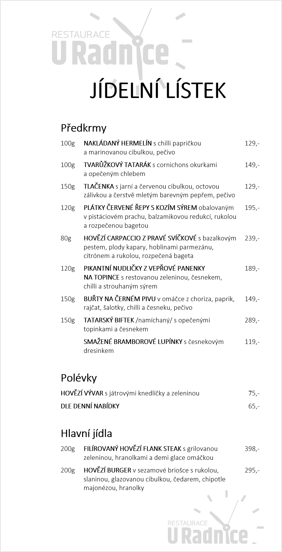Restaurace U Radnice Jídelní lístek