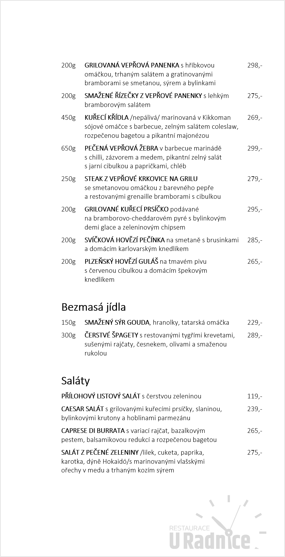 Restaurace U Radnice Jídelní lístek