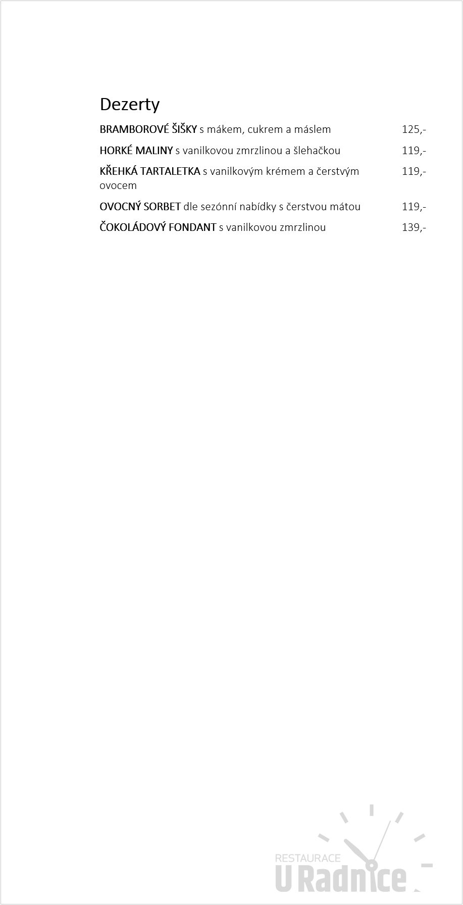 Restaurace U Radnice Jídelní lístek