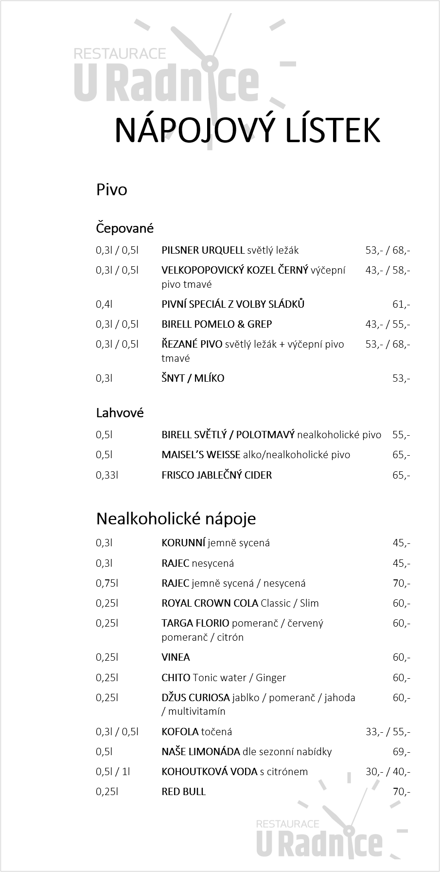 Restaurace U Radnice Nápojový lístek