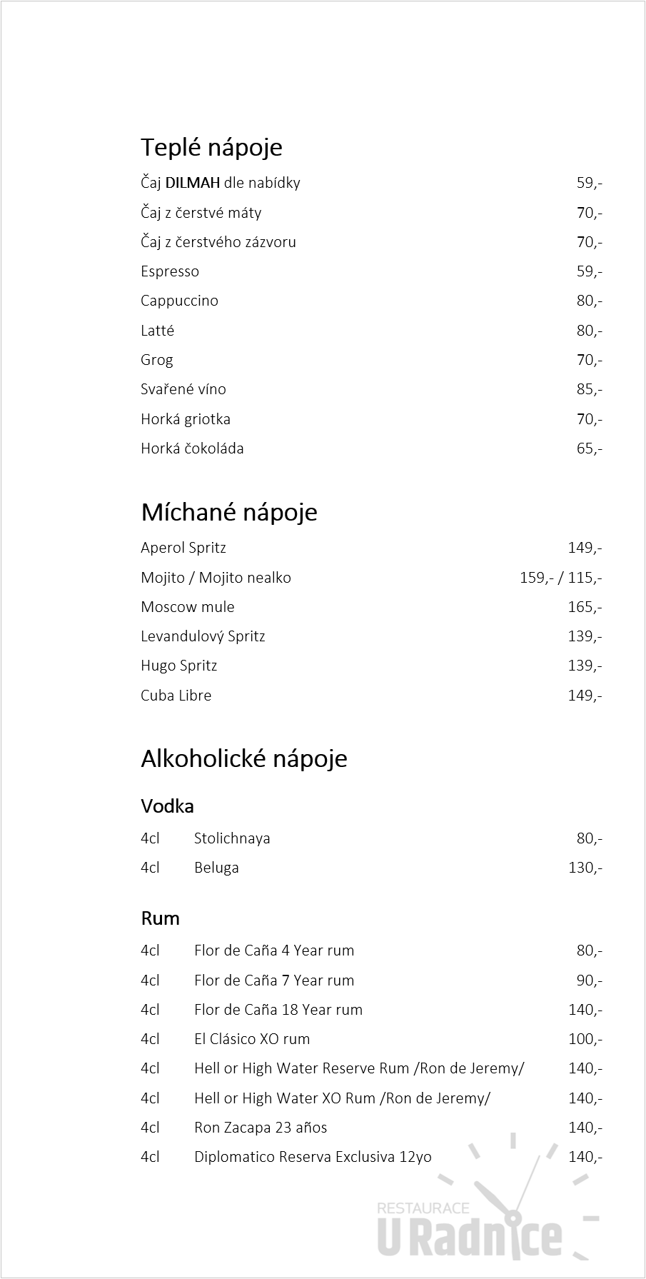 Restaurace U Radnice Nápojový lístek