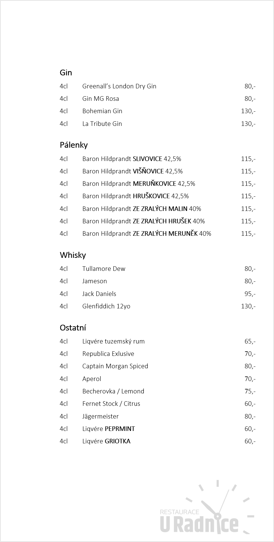Restaurace U Radnice Nápojový lístek