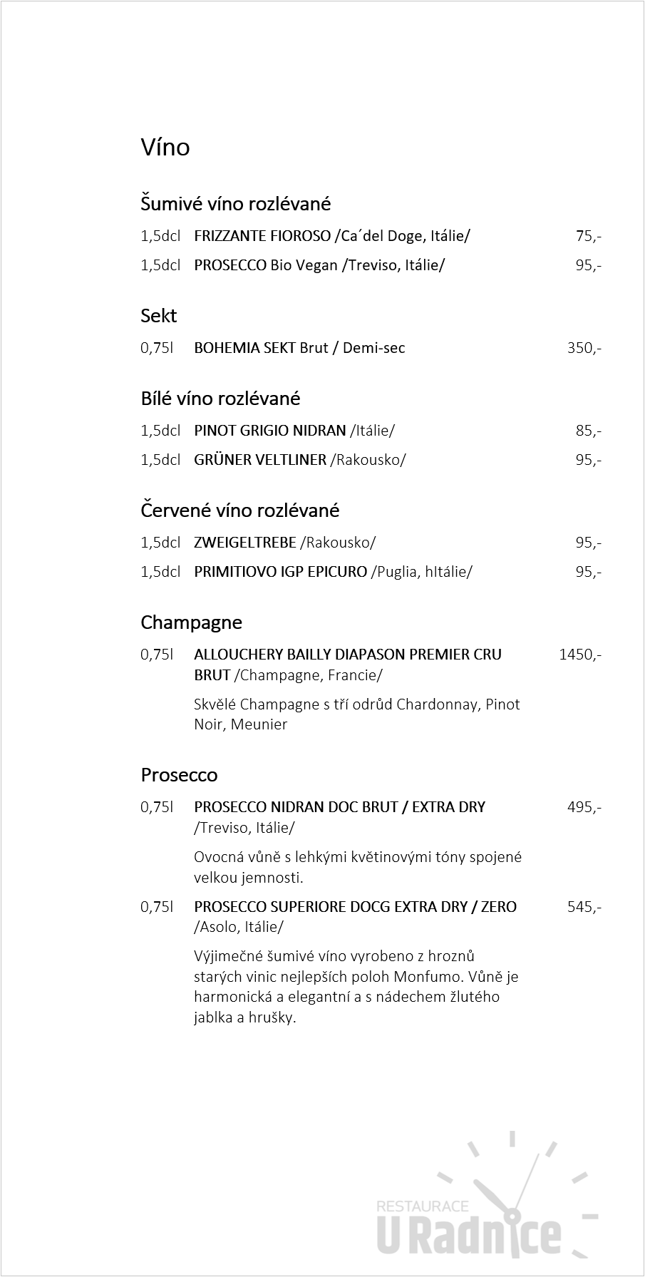Restaurace U Radnice Nápojový lístek