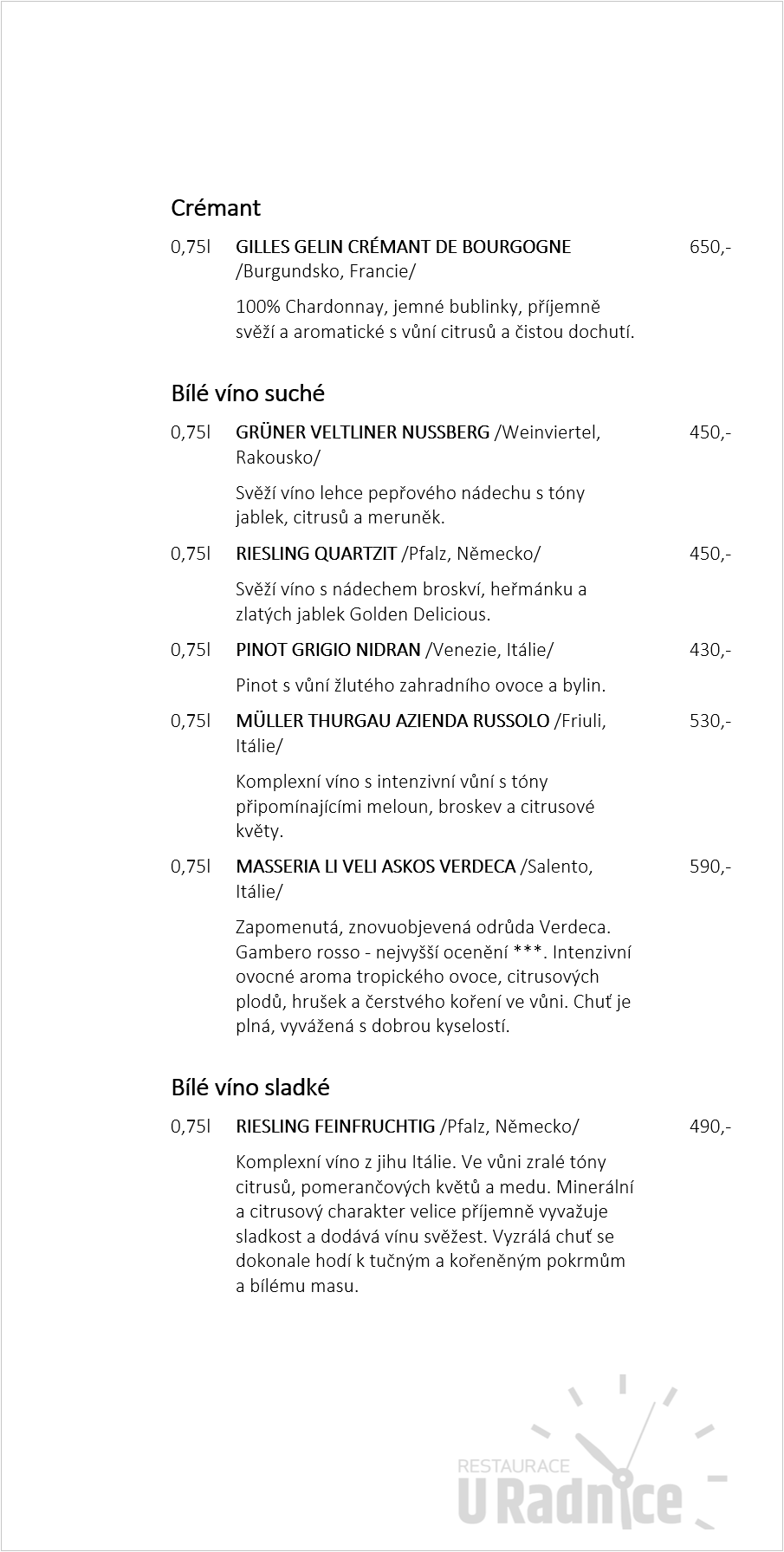 Restaurace U Radnice Nápojový lístek