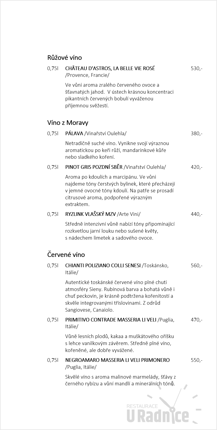 Restaurace U Radnice Nápojový lístek