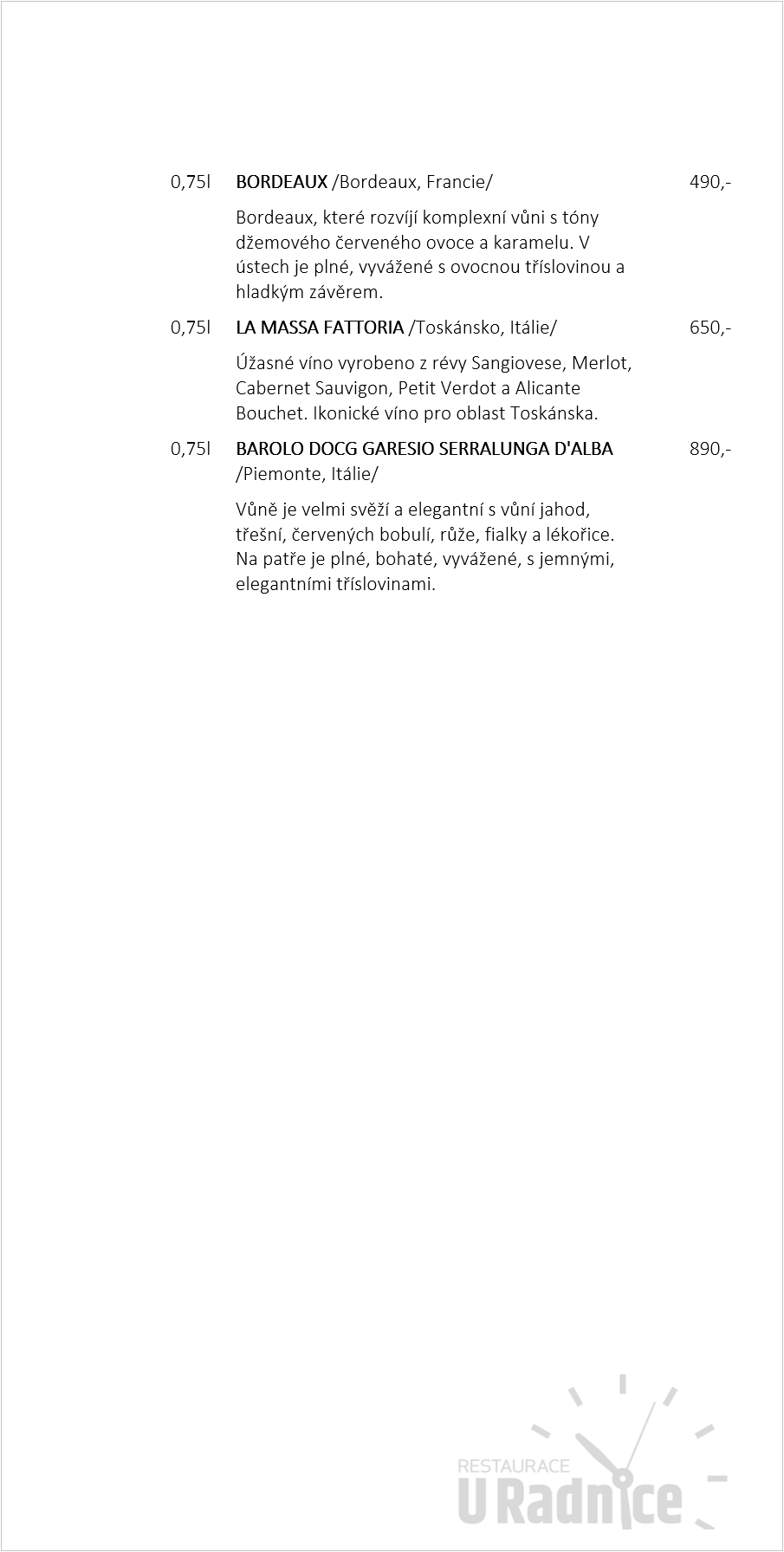 Restaurace U Radnice Nápojový lístek